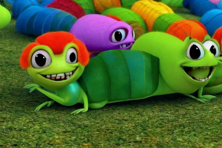 Image similar to disney pixar's a bug's life, cgi caterpillar colorful, furry caterpillar