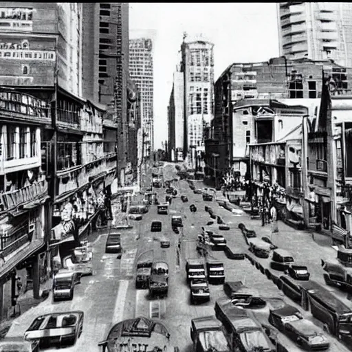 Image similar to old photograph of sci-fi city street