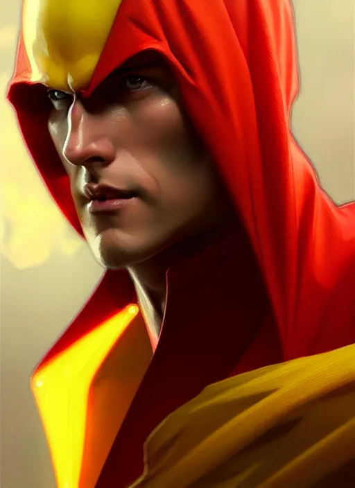 Image similar to ultra realistic illustration, handsome saitama. yellow and red cape, intricate, elegant, highly detailed, digital painting, artstation, concept art, smooth, sharp focus, illustration, art by artgerm and greg rutkowski and alphonse mucha and wlop