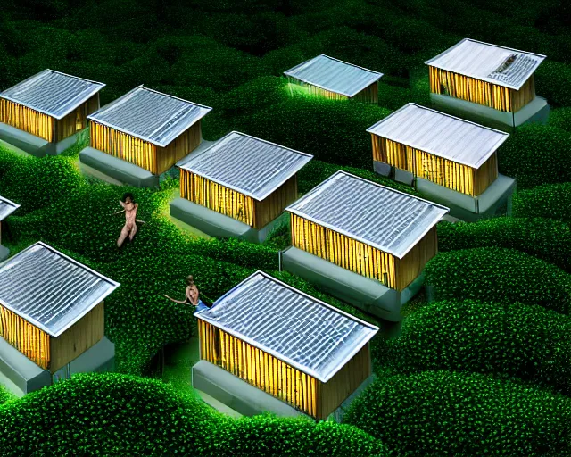 Image similar to connected ecovillage houses with solrarroofs, very big bees flying around - plant goddess high quality photo, microchip, artificial intelligence, bio - mechanical bio - luminescence, black wired cables, neurons, nerve cells, cinematic, rim light, photo - realistic, elegant, high detail, 8 k, masterpiece, high fashion, in the style of man ray