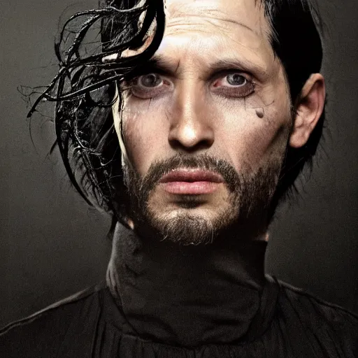 Image similar to hd portrait of a 3 5 - year old man with a disorienting, clinical aesthetic. black hair. black clothes. a modern - day warlock and psychonaut of the mastigos path. portrait photography by annie leibovitz.