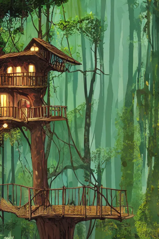 Image similar to tree house in the rainforest, swings, garden, by alba ballesta gonzalez. 4 k wallpaper, digital flat 2 d, comic book cover, illustration, cinematic lighting.