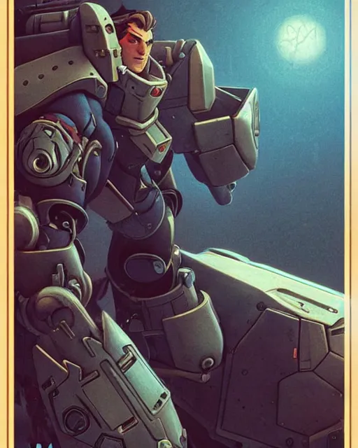 Image similar to reinhardt from overwatch, character portrait, portrait, close up, concept art, intricate details, highly detailed, vintage sci - fi poster, retro future, in the style of chris foss, rodger dean, moebius, michael whelan, and gustave dore