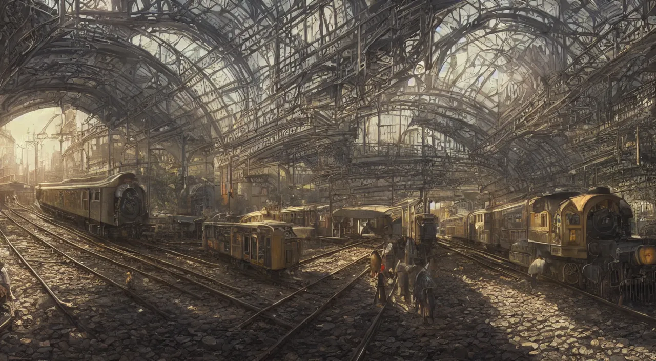 Image similar to photorealistic subway station with arriving steam trains, daylight, sunlight, lens flare, highly detailed, digital painting, artstation, concept art, smooth, sharp focus, 8k, photorealistic, 25mm f/1.7 ASPH Lens, ultra realistic steampunk illustration, art by greg rutkowski and alphonse mucha