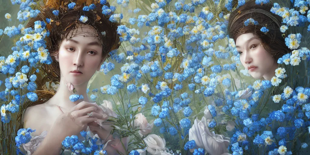 Image similar to breathtaking detailed concept art painting portrait of goddess of nemophila flowers, orthodox saint, with anxious piercing eyes, ornate background, amalgamation of leaves and flowers, by hsiao - ron cheng, extremely moody lighting, 8 k