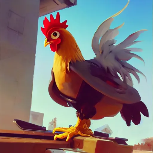 Prompt: a chicken as a overwatch character, artwork by greg manchess, medium shot, asymmetrical, organic painting, sunny day, matte painting, bold shapes, hard edges, street art, trending on artstation, by huang guangjian and gil elvgren and sachin teng