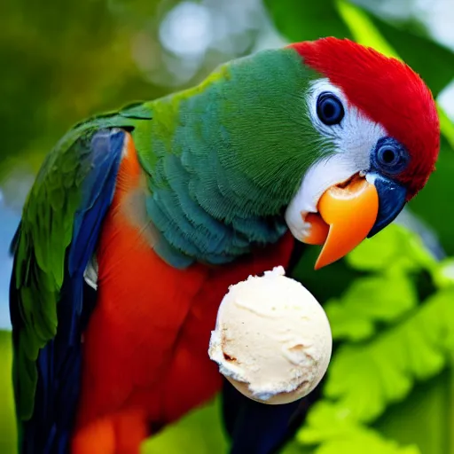 Prompt: a lovebird parrot nibbling an ice cream