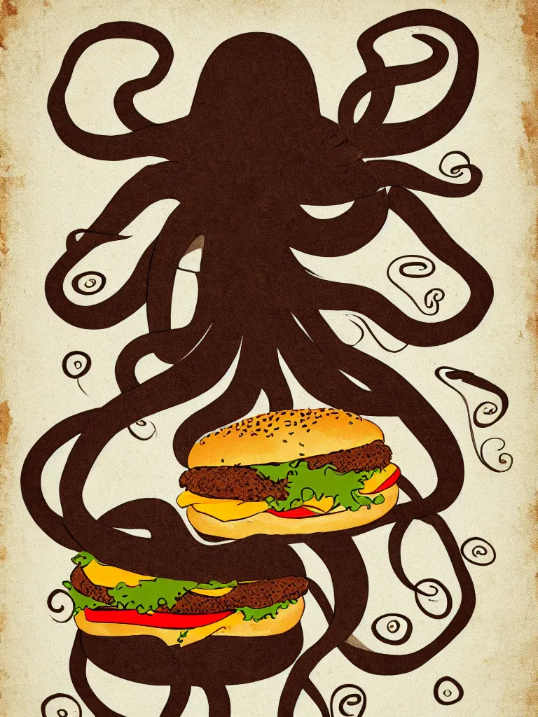 Prompt: tierra connor style poster illustration of an octopus eating a burger, vintage muted colors, some grungy markings