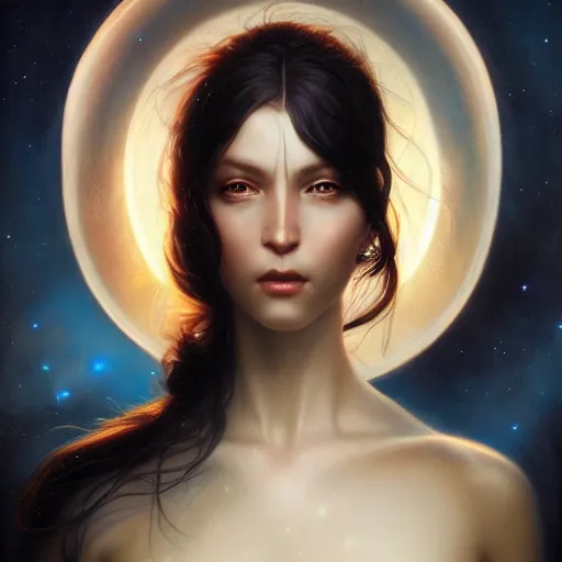 Image similar to a beautiful portrait of a celestial goddess by Jim Burns and Tom Bagshaw, Trending on Artstation