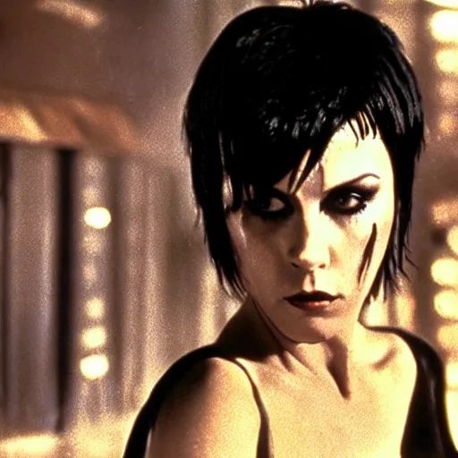 Image similar to a film portrait still of joan jett in blade runner, gritty cyberpunk atmosphere. realism, cinematic lighting, beautiful gothic fantasy photorealistic, 4 k. 8 mm. grainy. panavision.