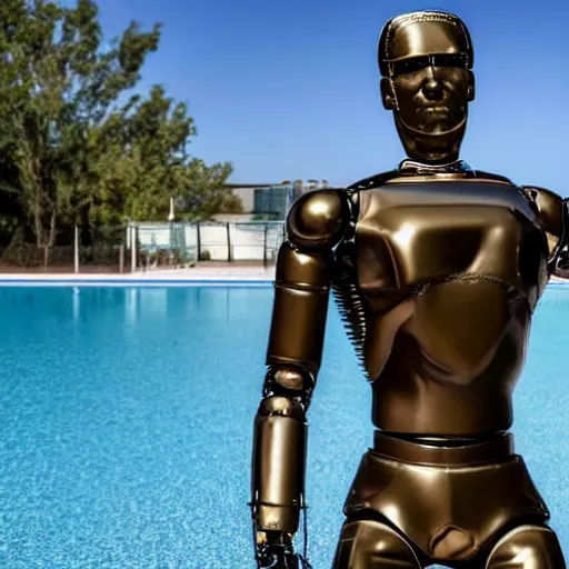 Image similar to a realistic detailed photo of a guy who is an attractive humanoid who is half robot and half humanoid, who is a male android, wrestler adolfo batista, shiny skin, posing like a statue, blank stare, by the pool, on display, showing off his muscles, humanoid robot, frozen ice statue