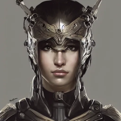 Image similar to a full-face portrait of an attractive young woman, clothed in battle armor, olive skin, long dark hair, beautiful bone structure, symmetrical facial features, intricate, elegant, highly detailed, digital painting, trending on Artstation, concept art, smooth, sharp focus, illustration, from Metal Gear by Ruan Jia and Mandy Jurgens and Artgerm and and william-adolphe bouguerea, award winning