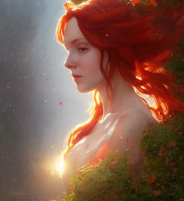 Image similar to portrait of a red haired woman wearing a satin dress, autumn leaves falling, dramatic volumetric lighting, god rays, global illumination, soft, sharp focus, sci-fi, ivy, moss, trending on artstation, intricate concept art by Greg Rutkowski and artgerm and and Alphonse Mucha