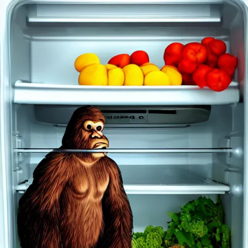 Image similar to bigfoot hiding inside a refrigerator