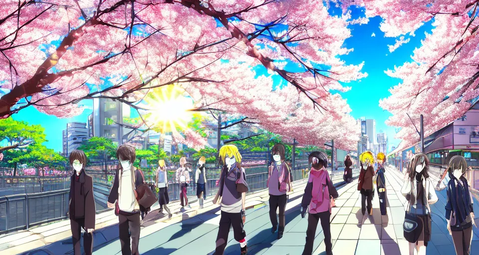 Image similar to anime style cityscape, spring season city, cherry blossoms blowing in the wind, day time, sun high in the sky, sun glare, clear weather, blue sky, tokyo japan, some people walking, people are detailed, high detail and sharp, detailed shading, trending on artstation, wallpaper, anime art style, kyoto animation productions, koyoharu gotouge