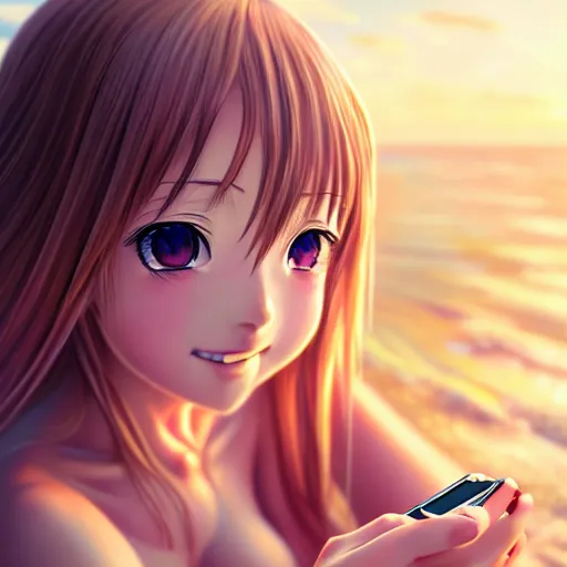 Image similar to beautiful serene intricate very detailed portrait of a realistic anime girl taking a selfie smiling softly, relaxing on the beach, golden hour, soft focus, 8 k, art by irakli nadar, hyperrealism, hyperdetailed, ultra realistic