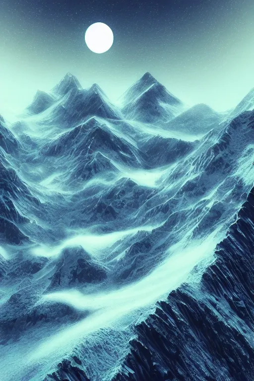 Prompt: digital matte fantasy dreamy mountain scape dark tones snow cyber glitch geometrieva futuristic moonlight, artstation, behance, 8 k by alex grey