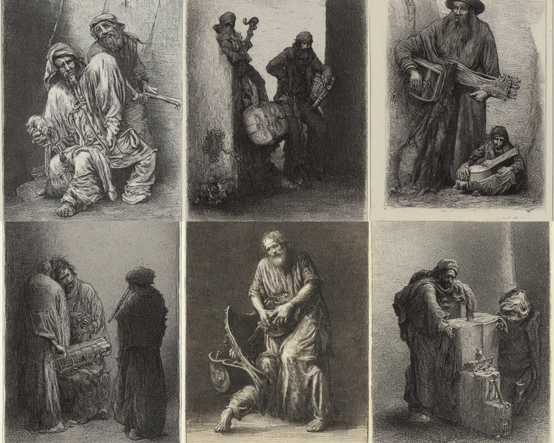 Prompt: an etching of a beggar with a hurdy - gurdy by gustave dore, highly detailed