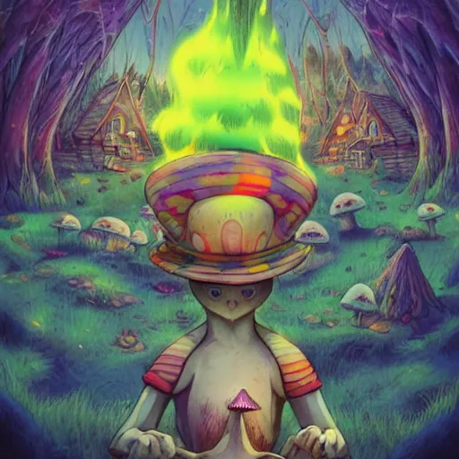 Image similar to 4 k headshot portrait of a psychedelic demonic anthropomorphic bunny rabbit with mushroom themed clothes, magic mushroom village in background. award winning. superb resolution. in the art style of junji ito and greg rutkowski. detailed mushroom city in background. hyper realistic anime. perfect art. dalle 2