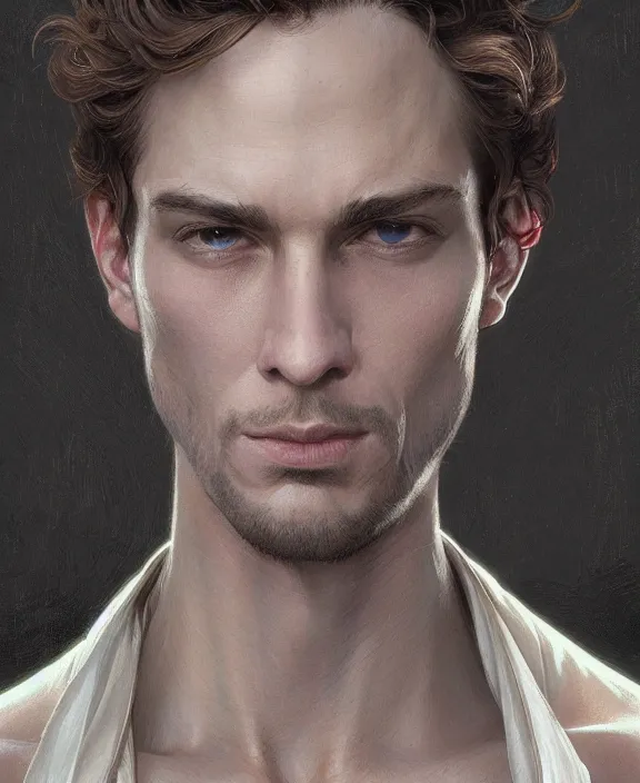 Image similar to portrait close up of man look at the camera in symmetry. concentrated look, symmetry, with an explosion on the back, d & d, fantasy, intricate, elegant, highly detailed, digital painting, artstation, concept art, art by artgerm and greg rutkowski and alphonse mucha, boris vallejo