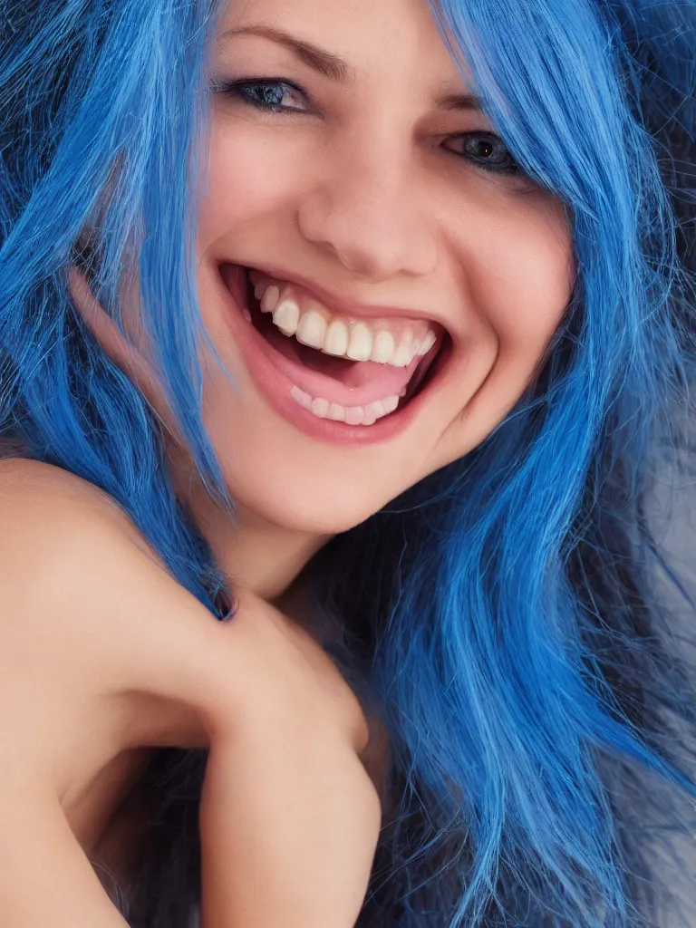 Image similar to Portrait of a woman with blue hair and smiling, ultra-realistic,