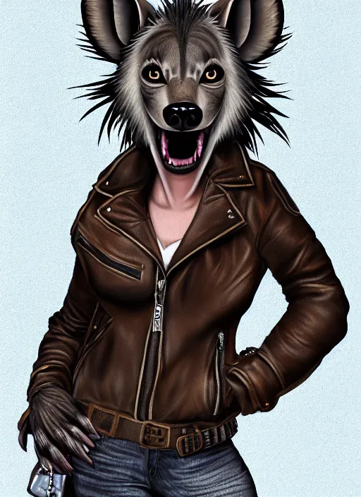 Prompt: award winning beautiful portrait commission of a female furry anthro hyena fursona with a bushy tail and a leather jacket, in a rock bar, cute, beautiful, attractive, detailed,