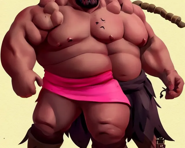 Prompt: sea of thieves character portrait concept art for a huge hulking muscular man wearing a bright pink outfit, cgsociety, trending on artstation, rare ltd,