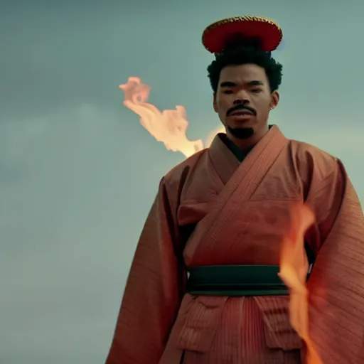 Image similar to cinematic film still of Chance The Rapper starring as a Samurai holding fire, Japanese CGI, VFX, 2022, 40mm lens, shallow depth of field, film photography