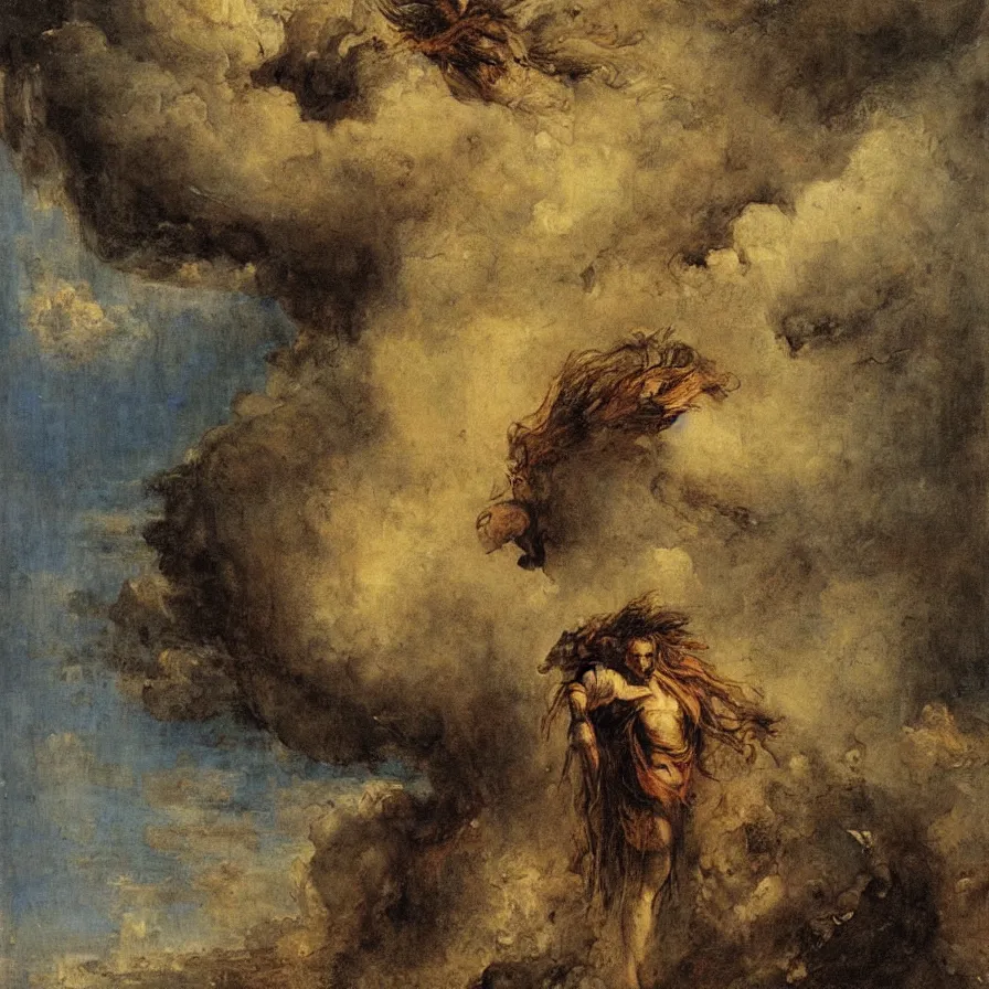 Image similar to a man with a stormy cloud in the place of his head. artwork by gustave moreau