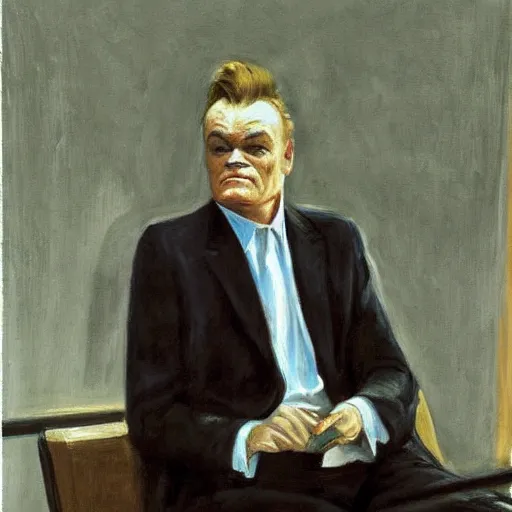 Image similar to A portrait of James Cagney smoking a cigar in a busy hotel lobby, painting by Edward Hopper and John Singer Sargent