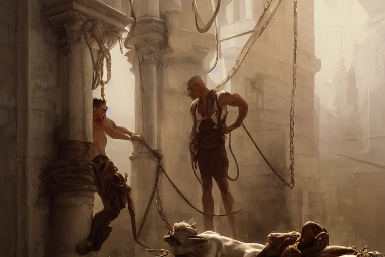 Image similar to a man tied to a pillar and jack russel terrier pissing on him, highly detailed, hyperrealistic digital painting, artstation, concept art, smooth, sharp focus, illustration, cinematic lighting, art by artgerm and greg rutkowski and alphonse mucha