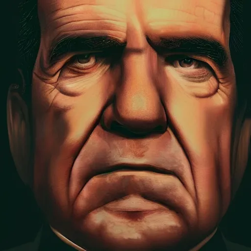 Image similar to closeup portrait of richard nixon, realistic portrait, dramatic lighting, trending on artstation, high detail, by greg rutkowski