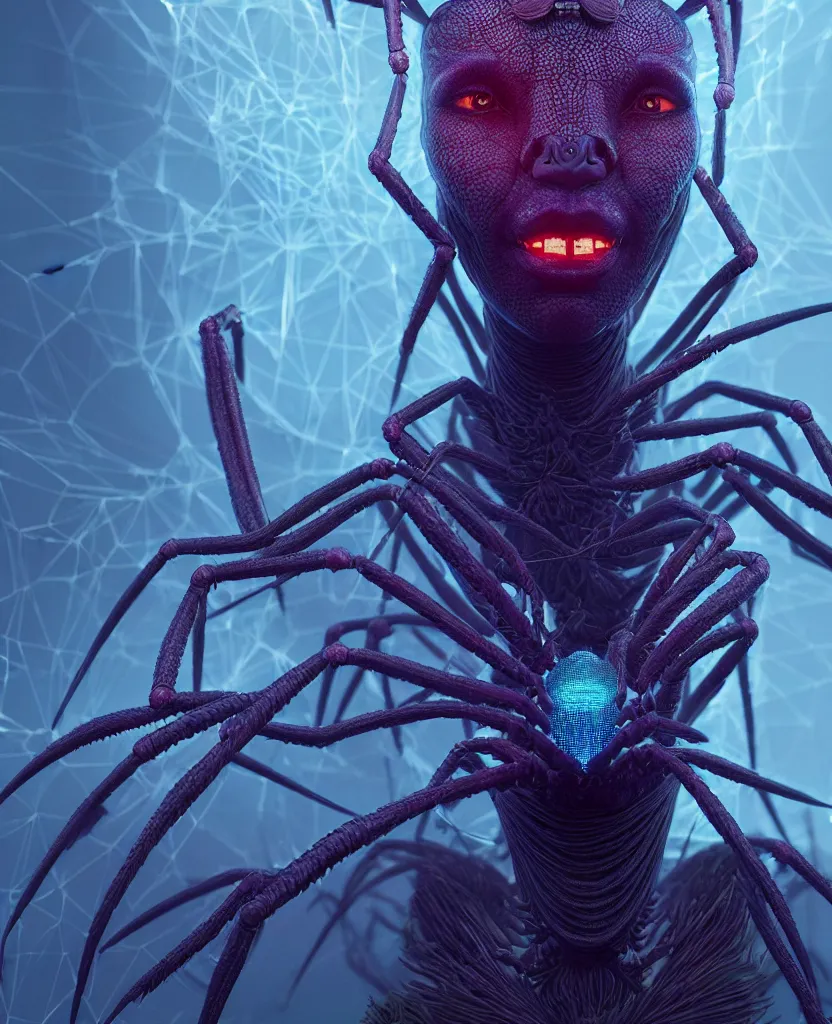 Image similar to goddess portrait of a giant spider queen, bioluminiscent, intricate artwork by Tooth Wu and wlop and beeple. octane render, trending on artstation, greg rutkowski very coherent symmetrical artwork. cinematic, hyper realism, high detail, octane render, 8k