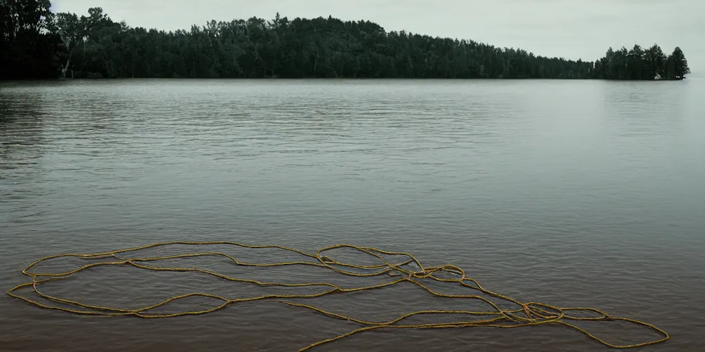 Prompt: centered photograph of a single line of extra thick brown \ long rope floating on the surface stretching out to the center of the lake, a dark lake sandy shore on a cloudy day, color film, trees in the background, hyper - detailed kodak color film photo, anamorphic lens