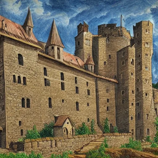 Image similar to wimmelbilder drawing of a medieval castle, highly detailed, high quality, high resolution