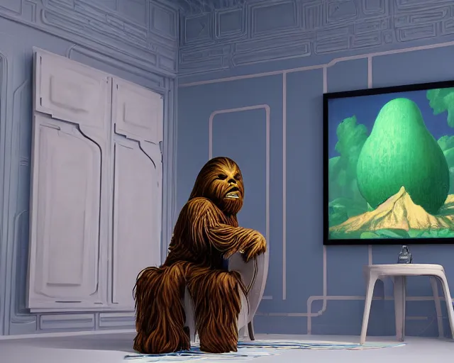 Image similar to wookiee at home trading crypto. the charts are at all time highs, gains, green charts, painting by rene magritte, grant wood and frank frazetta, 3 d rendering by beeple, wlop