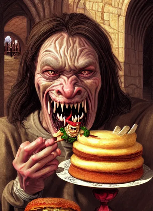 Image similar to portrait of a medieval goblin eating cakes in the cloisters, beautiful face, hyper realistic, highly detailed digital painting by earl norem, artstation illustration co