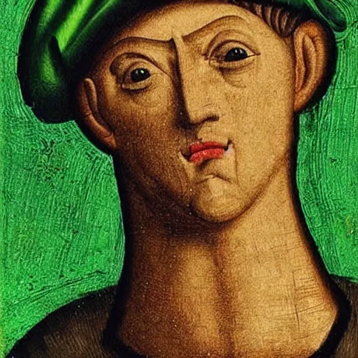 Prompt: skinny man with ugly deformed face wearing bright green cap and bodysuit, medieval painting