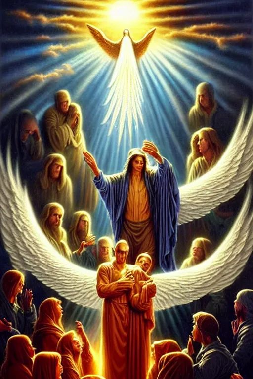Prompt: a photorealistic detailed cinematic image of a man on his deathbed, funeral, weeping spirit assisted to the afterlife by ornate angels. overwhelming beauty, entering the gates of heaven, met by friends and family, overjoyed, emotional, compelling, by pinterest, david a. hardy, kinkade, lisa frank, wpa, public works mural, socialist