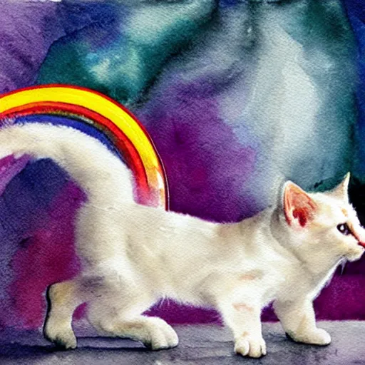 Prompt: a prism magically fractures a white kitten into every color of the rainbow, surreal fantasy watercolor,