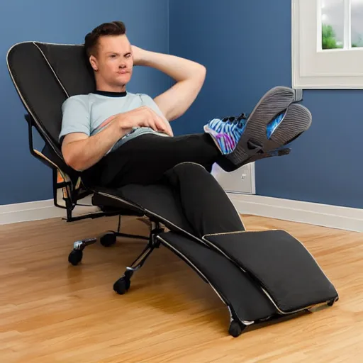 Prompt: person lounging in a computer chair, legs sprawled out left leg on the floor, right leg dangling over the right arm of the chair