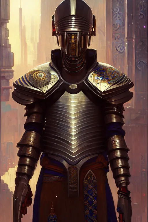 Prompt: portrait of a beautiful cyberpunk egyptian man wearing knight armor, beautiful symmetrical face, fantasy, regal, by stanley artgerm lau, greg rutkowski, thomas kindkade, alphonse mucha, loish, norman rockwell.