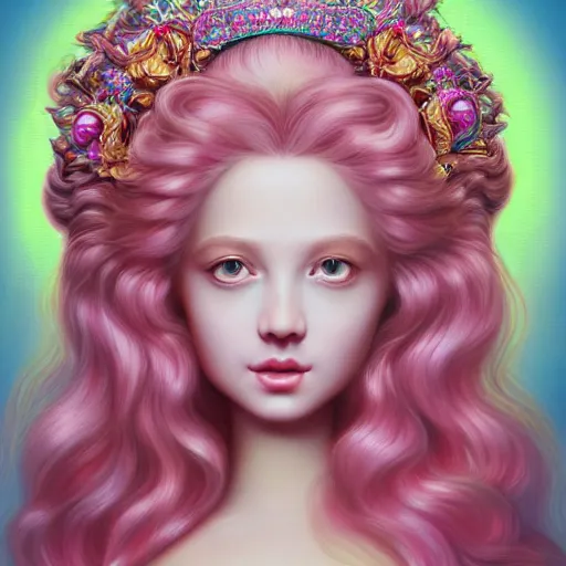 Image similar to a portrait a divine feminine goddess, rosey cheeks, sparkles on eyelids, long pink hair highly detailed, ultra realistic digital painting, rococo, artstation, concept art, pop, smooth, sharp focus, illustration, art by mark ryden and lisa frank 3 d 8 k ultra detailed