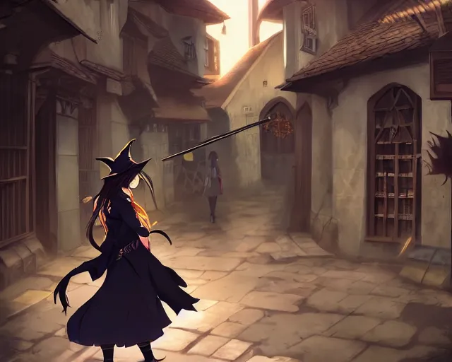 Image similar to key anime visual portrait of a young female witch walking through a busy medieval village, dynamic pose, dynamic perspective, cinematic, dramatic lighting, detailed silhouette, anime proportions