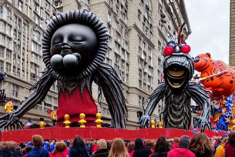 Image similar to photo of giant beautiful elaborate parade float character designed by ( ( ( ( ( ( ( ( giger ) ) ) ) ) ) ) ) and wes anderson!!!!!!!!!!!!!!, in the macys parade, detailed 4 k photo,