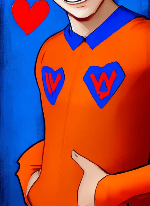 Image similar to friendly teenage archie andrews wearing an orange superhero costume with heart logo, heart, freckles, blue cape, heart emblem on chest, blue cape, intricate, elegant, glowing lights, highly detailed, digital painting, artstation, sharp focus, illustration, art by wlop, mars ravelo and greg rutkowski