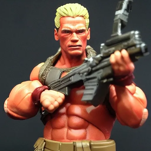 Image similar to a 12 inch action figure of Arnold Schwarzenegger from Predator. Big muscles. Holding an automatic rifle in his hands. Plastic shiny.