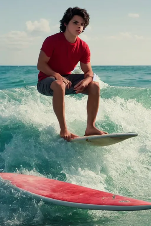 young jake t. austin sitting on a surfboard, red