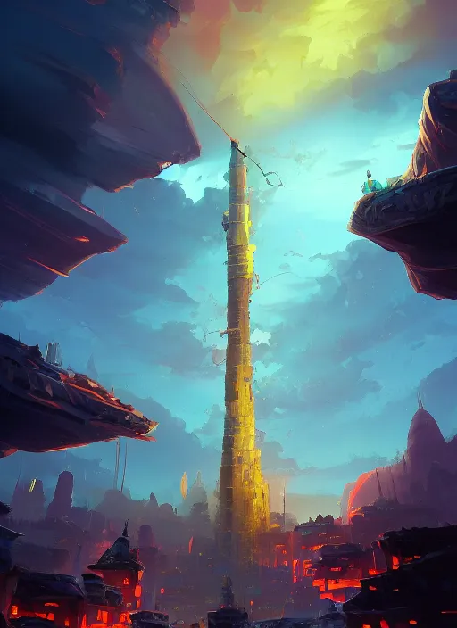 Prompt: a gigantic tower of hanoi reaching towards the sky with cities built inside of it, pitchblack sky, extremly detailed digital painting, vibrant colors, in the style of andreas rocha and noah bradley and tyler edlin and peter mohrbacher, mystical colors, rim light, beautiful lighting, 8 k, stunning scene, raytracing, octane, trending on artstation