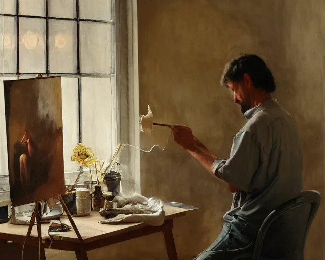 Prompt: a painter in his studio painting a picture of an eggplant emoji - key lighting, soft lights, foggy, by steve hanks, by lisa yuskavage, by serov valentin, by tarkovsky, 8 k render, detailed, oil on canvas